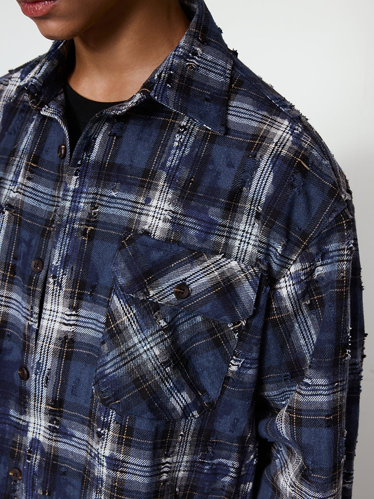 Plaid Ripped Woolen Shirt Jacket