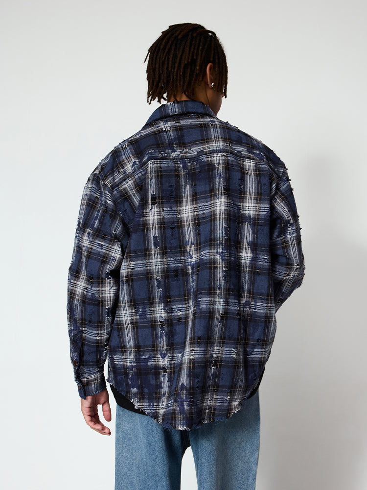 Plaid Ripped Woolen Shirt Jacket