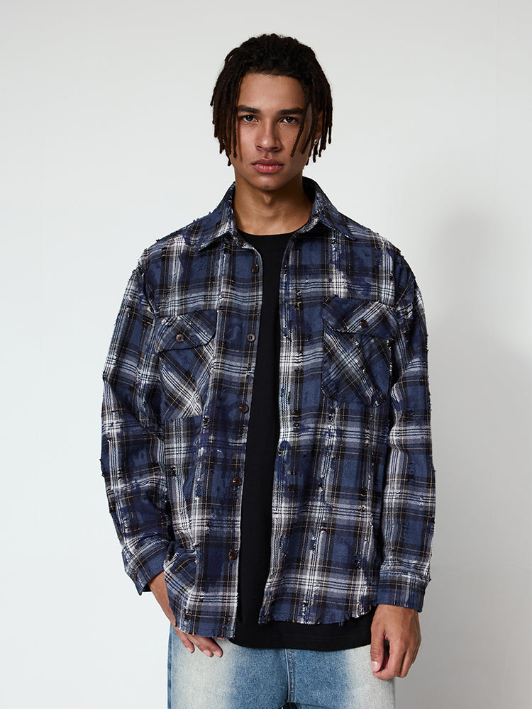 Plaid Ripped Woolen Shirt Jacket