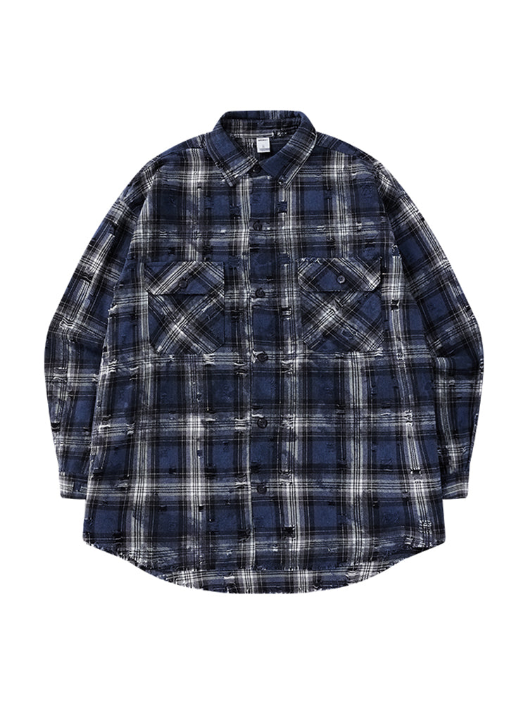 Plaid Ripped Woolen Shirt Jacket